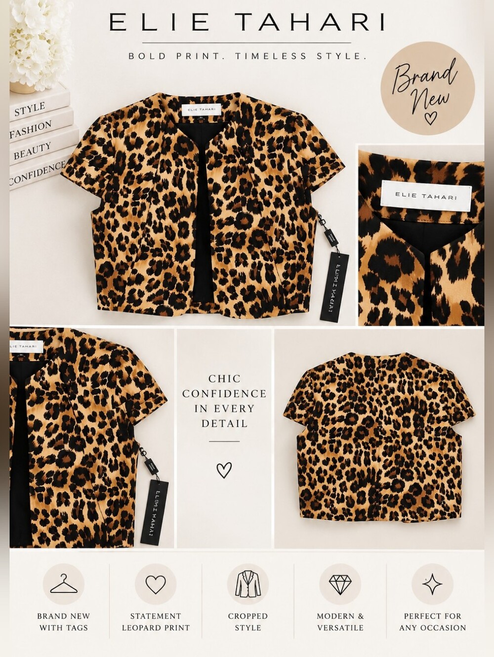 Elie Tahari Cropped Black and Tan Leopard Print Blazer Size 2
